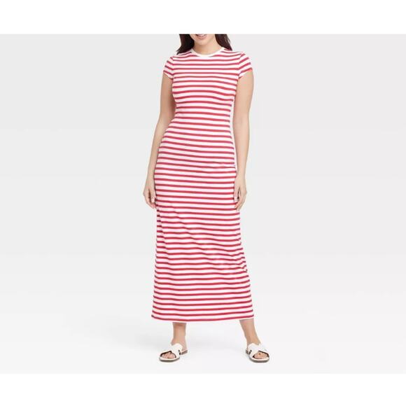 A New Day Women's Red White Striped Short Sleeve Knit Maxi Dress Size L - Picture 1 of 7